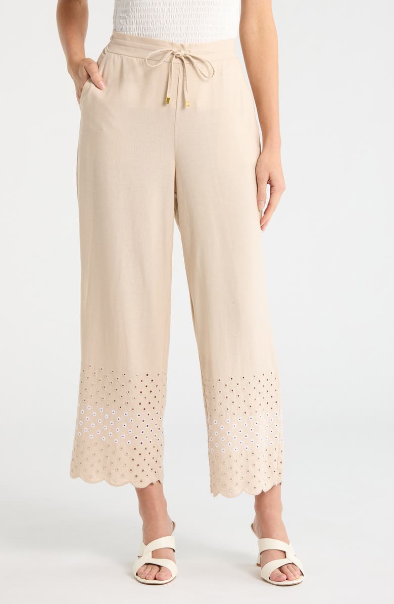 Ellen Tracy Eyelet Scallop Hem Pants, Main, color, Linen