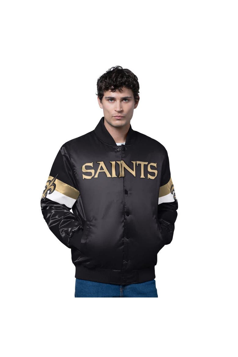 Men's Starter Black New Orleans Saints Triple Option Satin Varsity Full-Snap Jacket, Alternate, color, Black
