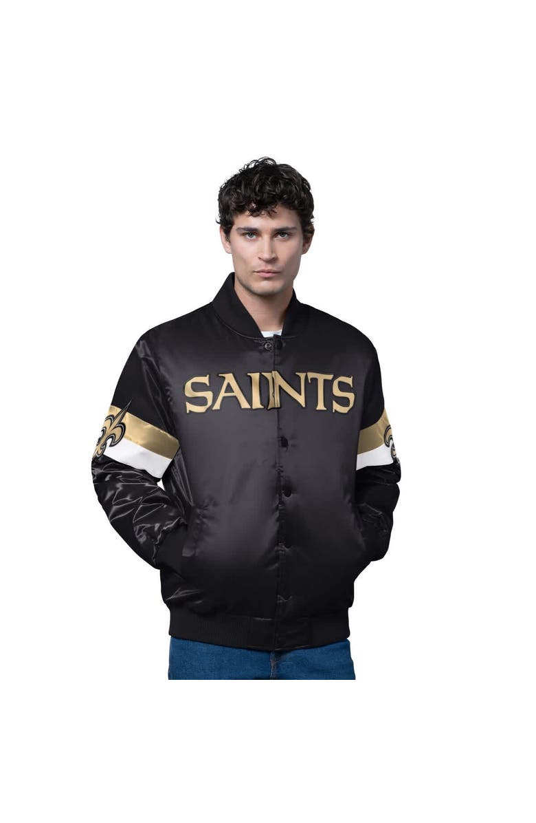 STARTER Men's Starter Black New Orleans Saints Triple Option Satin Varsity Full-Snap Jacket, Alternate, color, Black