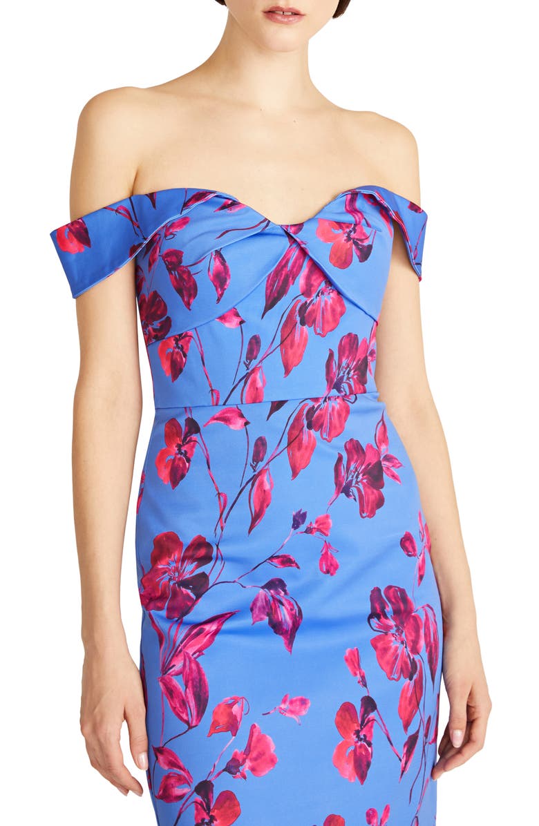 ML Monique Lhuillier Olivia Floral Off the Shoulder Faille Midi Dress, Alternate, color, 