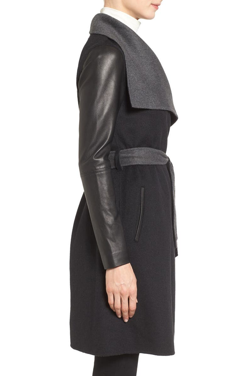 Mackage Leather Sleeve Wool Blend Wrap Coat, Alternate, color, 