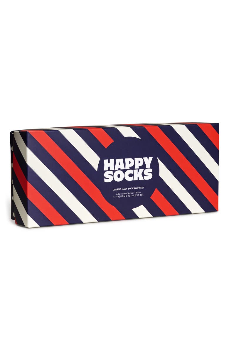 Happy Socks Classic Dot & Stripe 4-Pack Cotton Blend Crew Socks Gift Set, Alternate, color, Navy