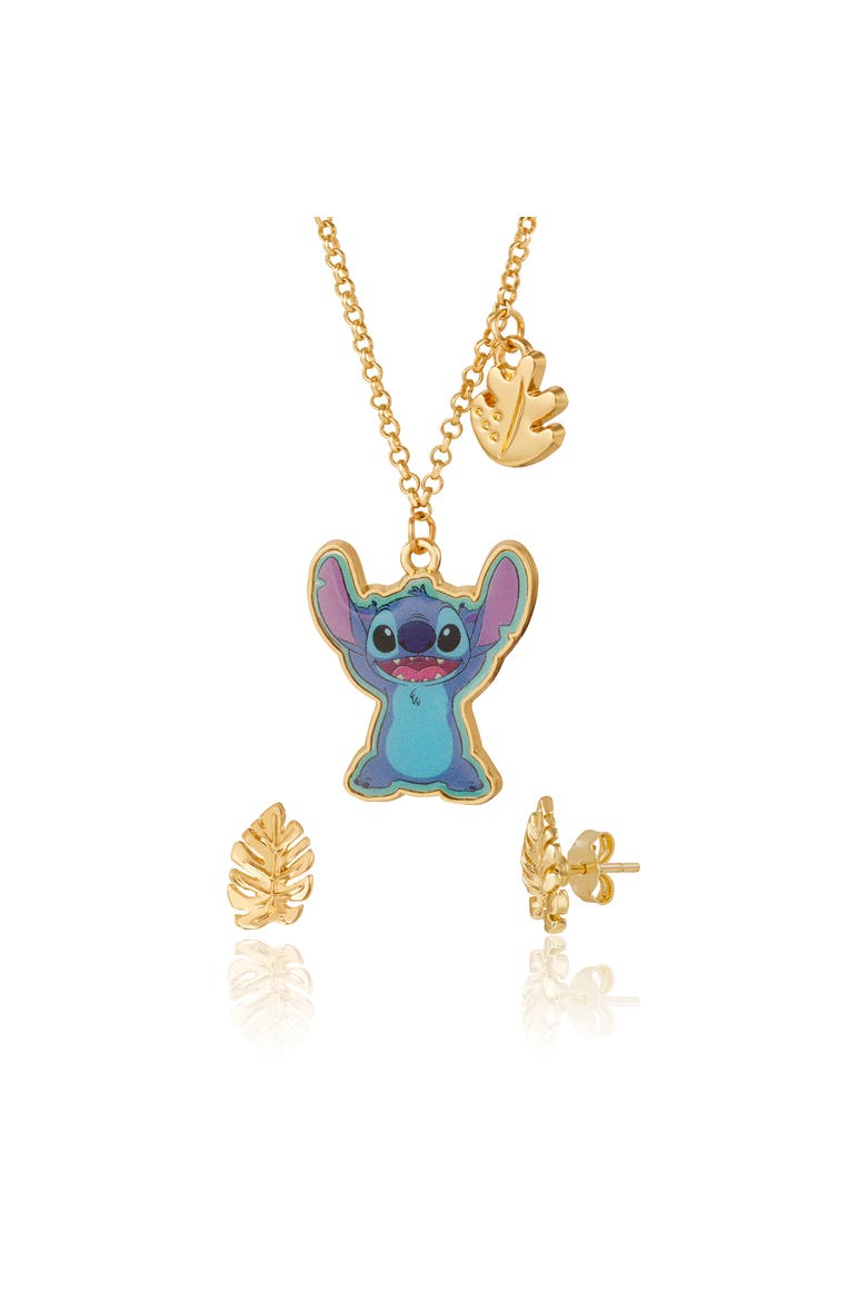 Jewelry Set with Gold-Tone Fashion Necklace and Palm Leaf Stud Earrings, Main, color, Blue, Metallic Gold