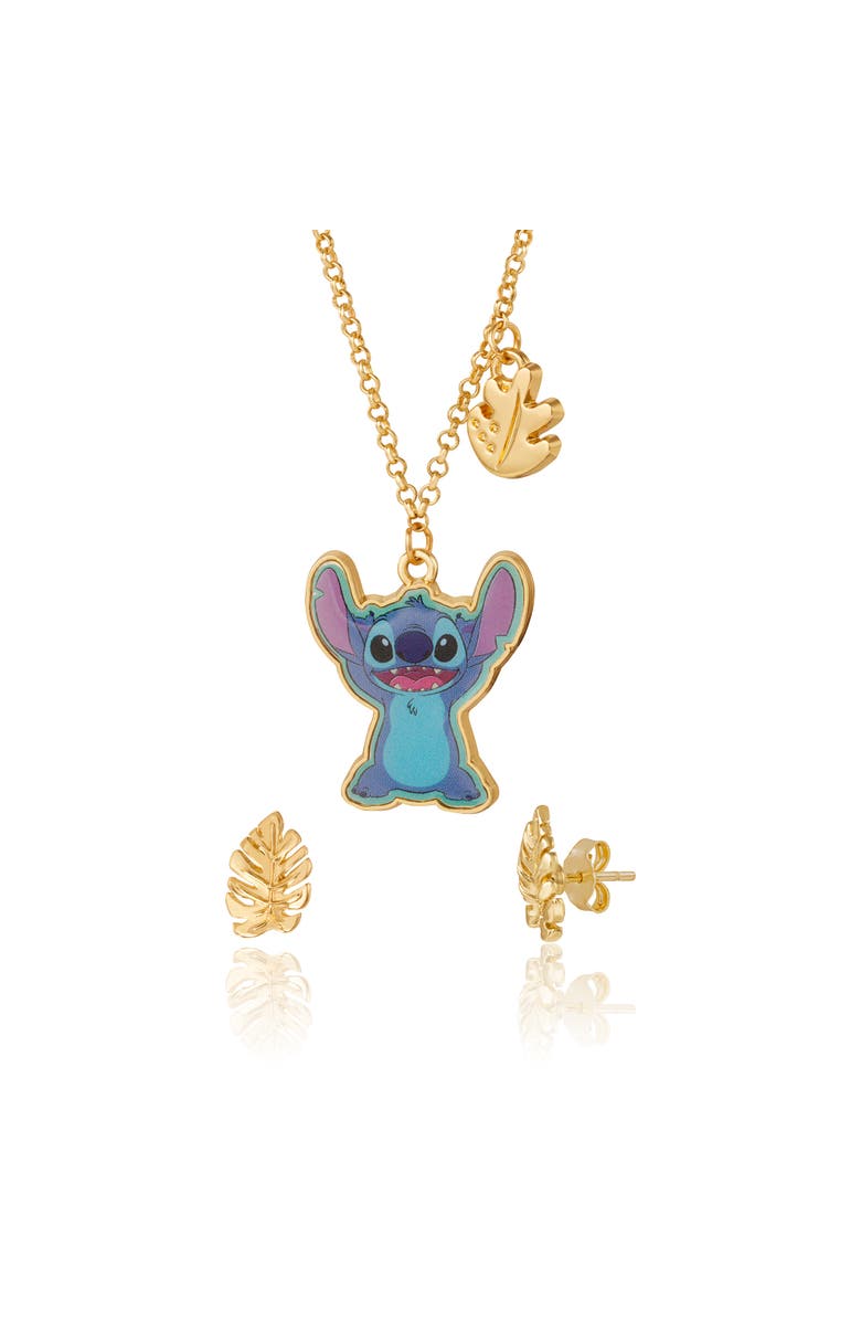 Disney Jewelry Set with Gold-Tone Fashion Necklace and Palm Leaf Stud Earrings, Main, color, Blue, Metallic Gold