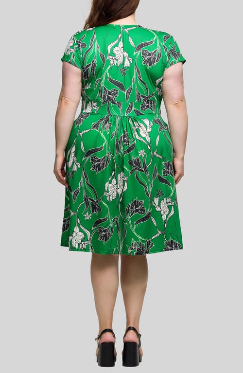 24seven Comfort Apparel Plus Size Cap Sleeve V-neck Knee Length Pocket Dress In Green Multi