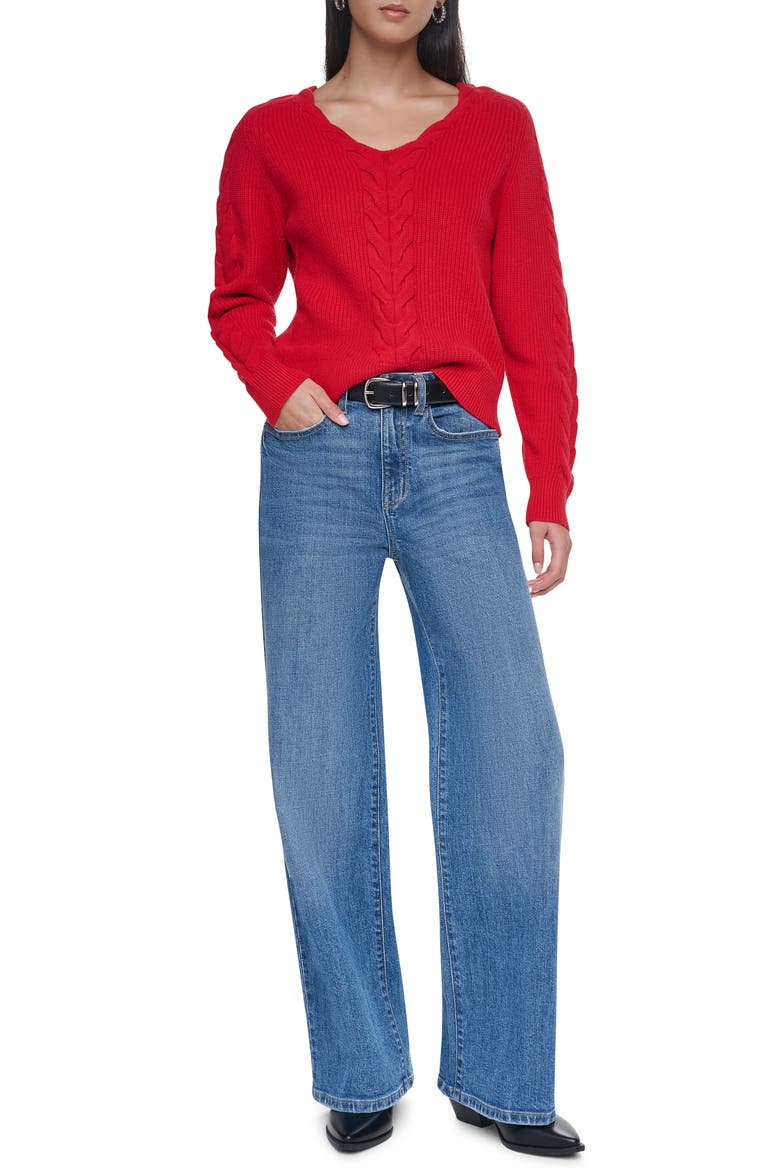 Cable Knit V-Neck Sweater, Alternate, color, VIBRANT RED