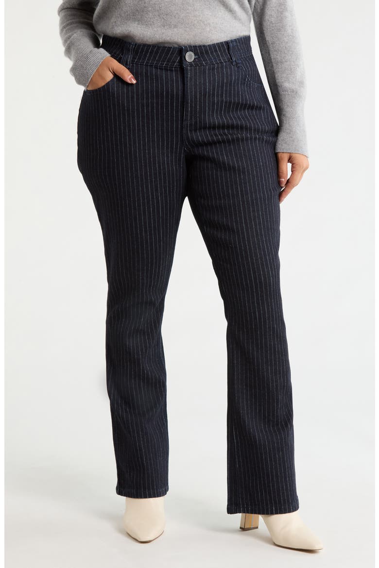 Brittany Pinstripe High Waist Itty Bitty Bootcut Jeans, Main, color, INDIGO