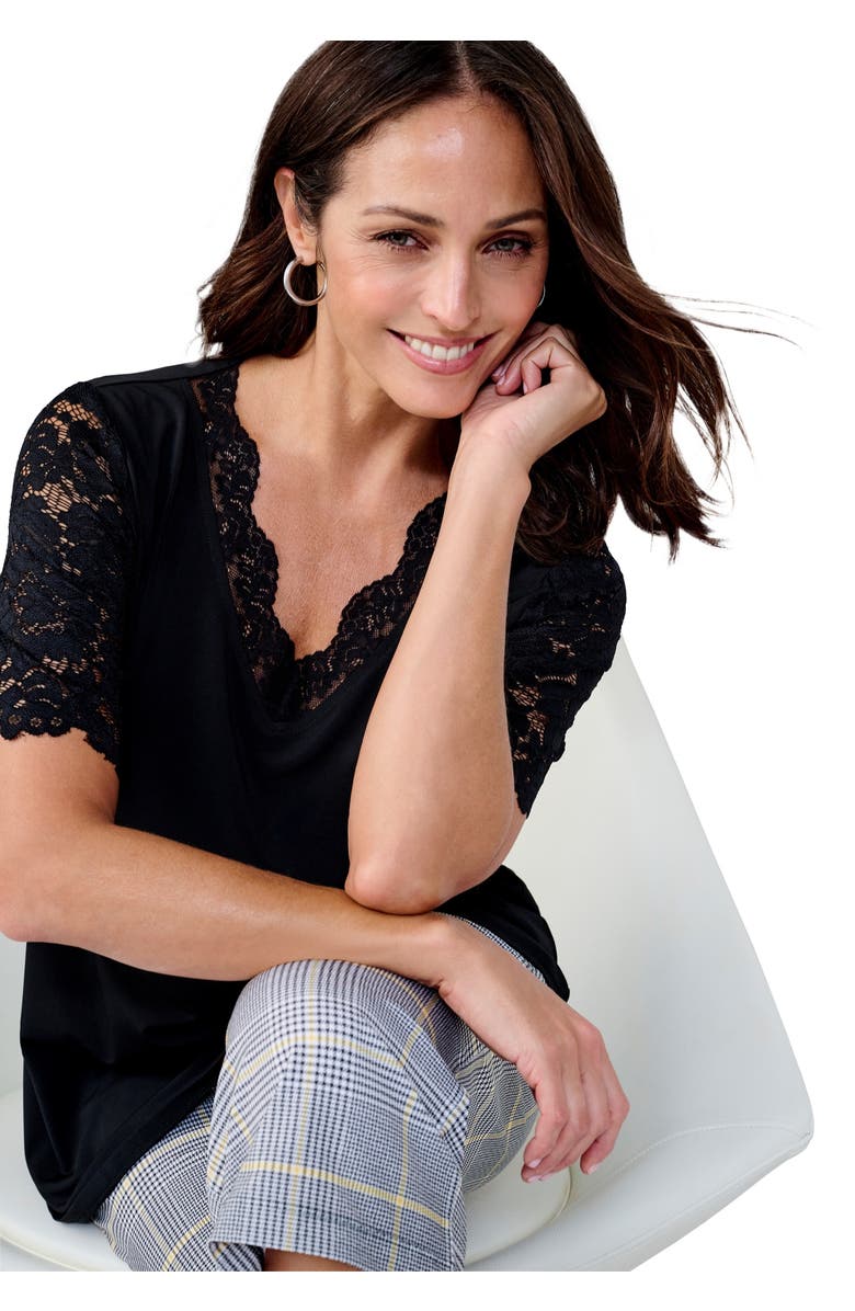 Jessica London Lace Trim V-neck Top, Main, color, Black