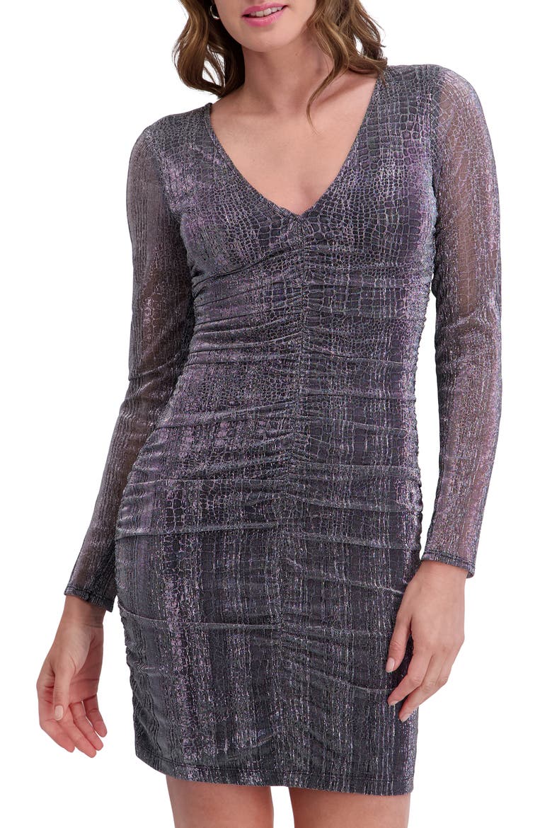 Ruched Metallic Knit Long Sleeve Minidress, Alternate, color, SILVER