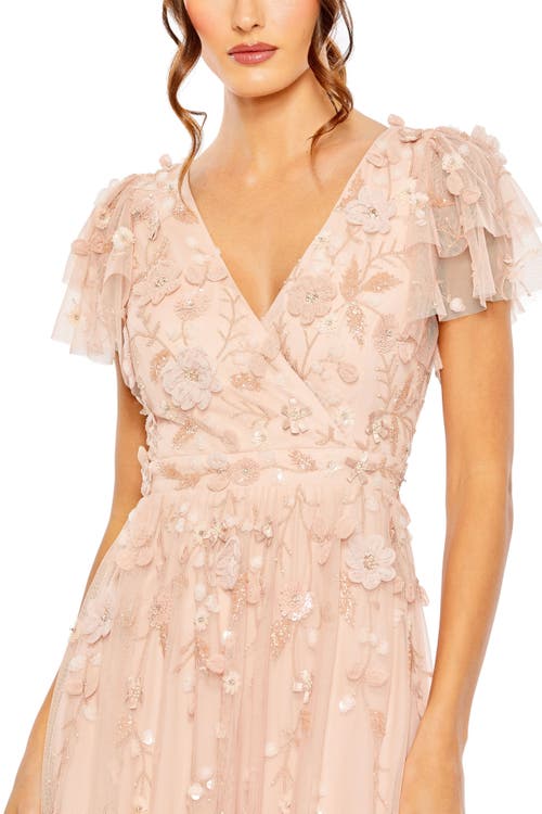 Mac Duggal Ruffle Tiered Embellished Faux Wrap Flutter Sleeve Dress In Blush