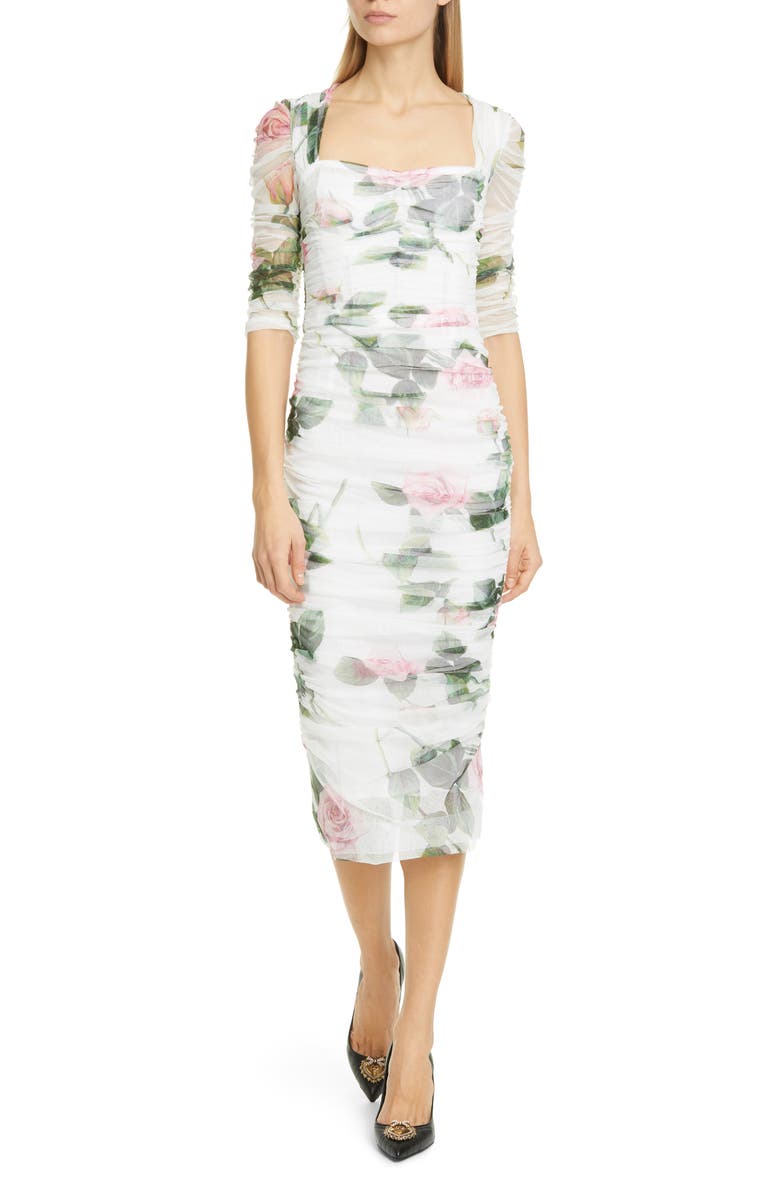 Dolce&Gabbana Rose Print Ruched Tulle Midi Dress, Main, color, 