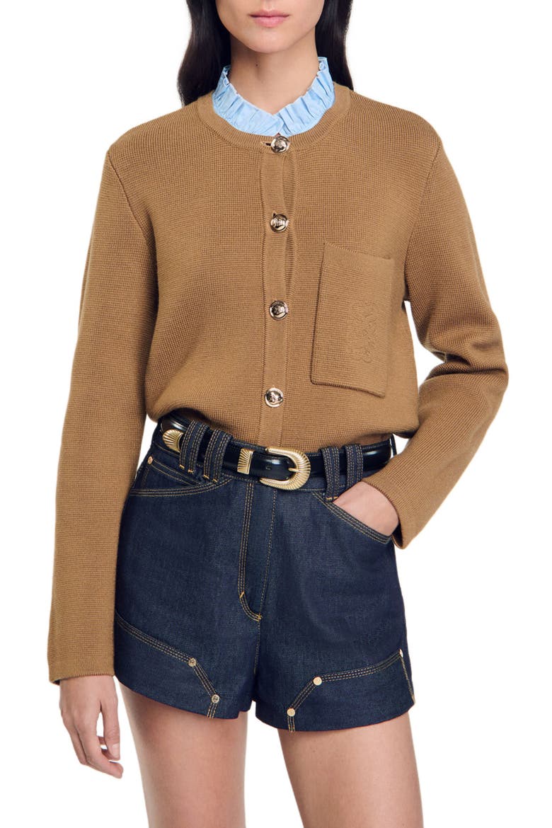Ruffled neck cardigan, Main, color, Camel