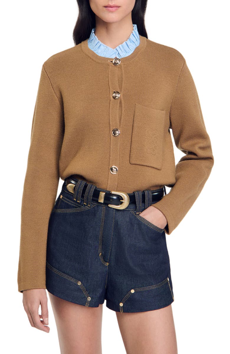 SANDRO Ruffled neck cardigan, Main, color, 