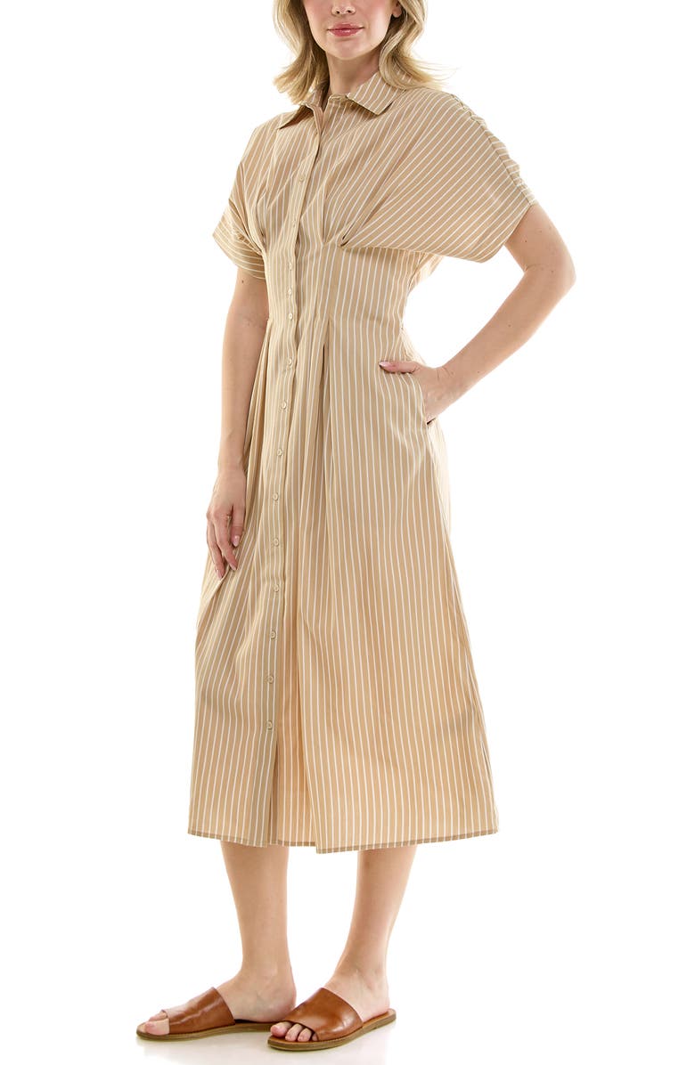 Nicole Miller Pintuck Waist Midi Shirtdress, Alternate, color, Mocha / White