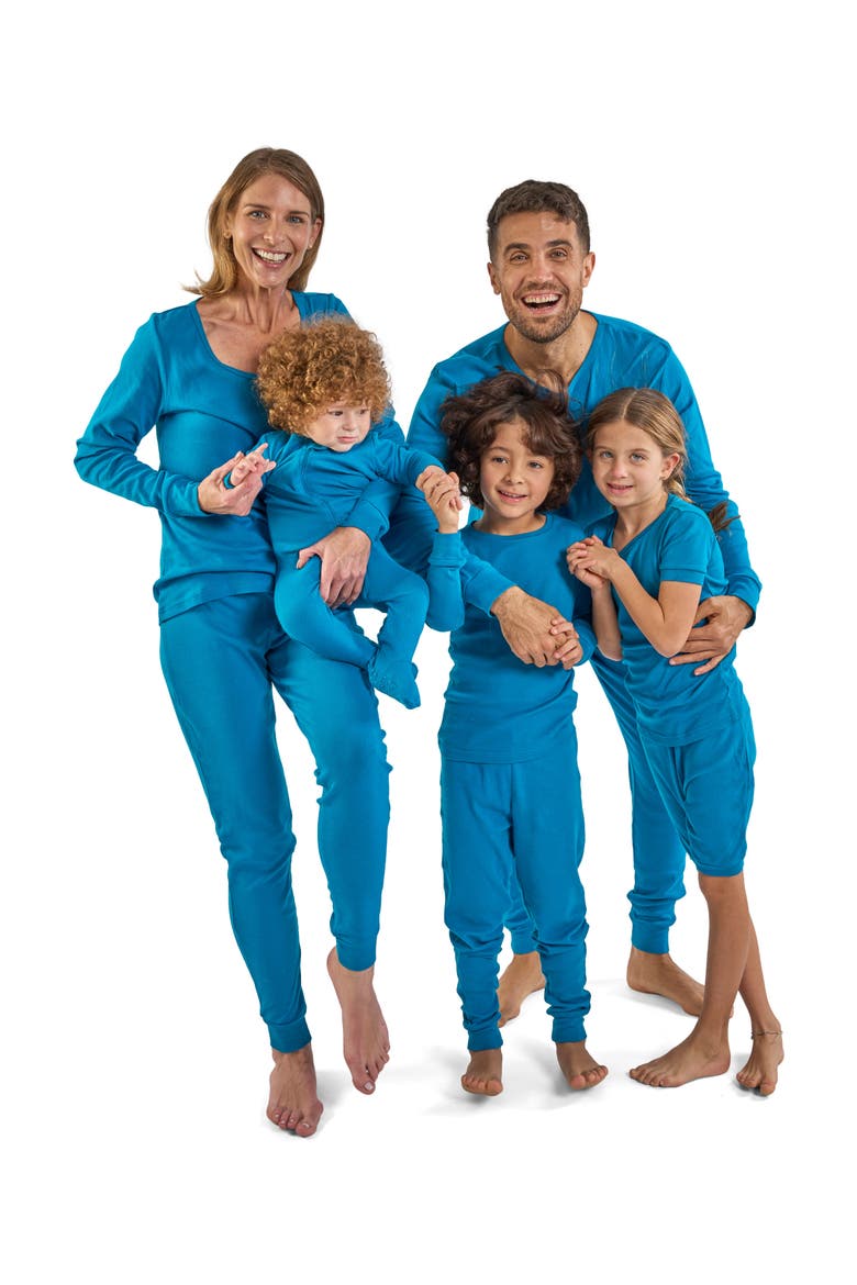 Kids Short Sleeve Cotton Solid Matching Family Pajamas, Alternate, color, TEAL BLUE