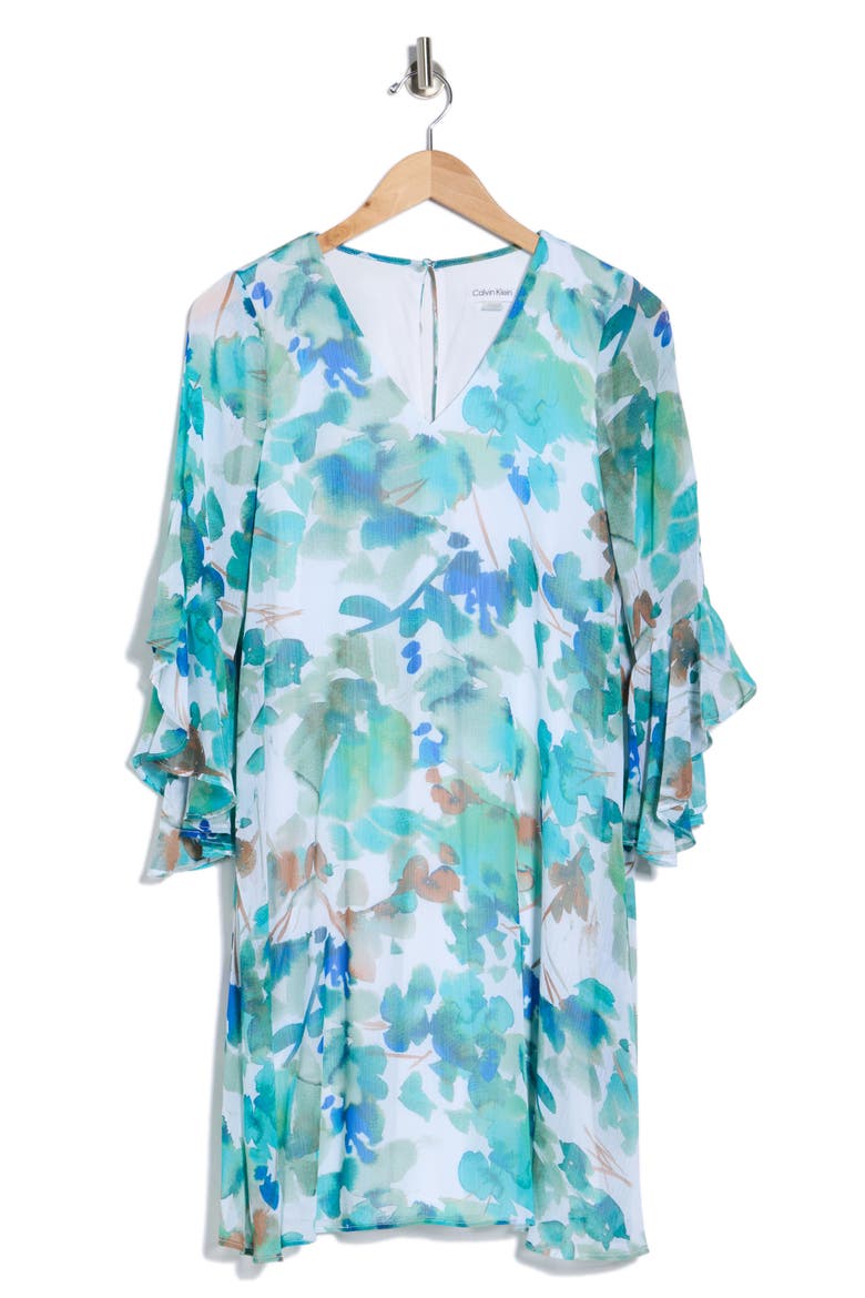 Floral Print Trapeze Dress, Alternate, color, LAKE MULTI