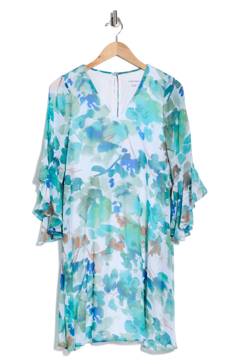 Calvin Klein Floral Print Trapeze Dress, Main, color, Lake Multi