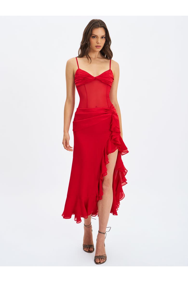 Dahlina Ruched Waist High Slit Maxi Dress, Alternate, color, Red