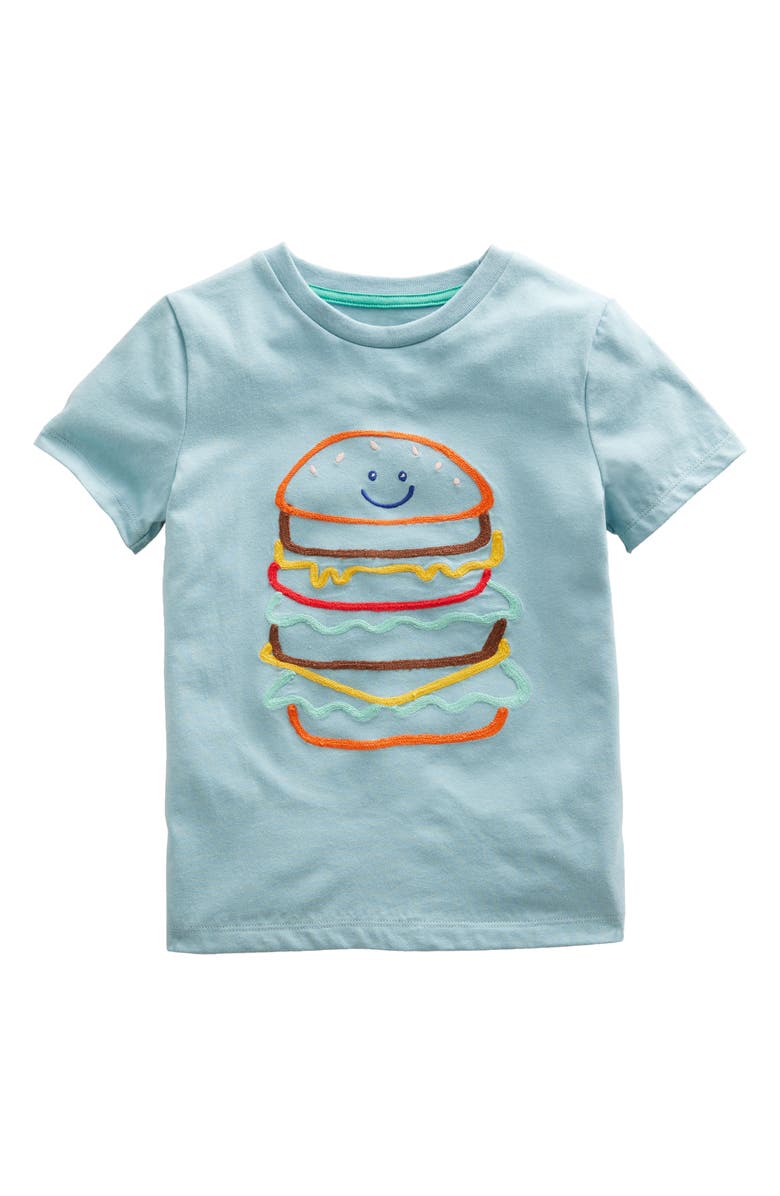 Mini Boden Kids' Embroidered Cotton Graphic T-Shirt, Main, color, Tourmaline Blue Burger