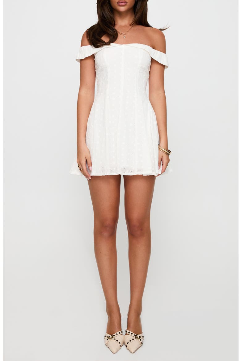 Rosebud Broderie Off the Shoulder Minidress, Main, color, WHITE