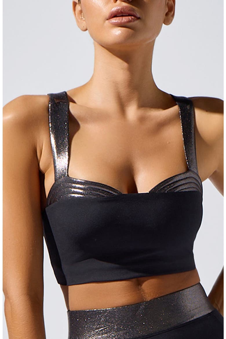 Lina Metallic Trim Longline Sports Bra, Main, color, BLACK