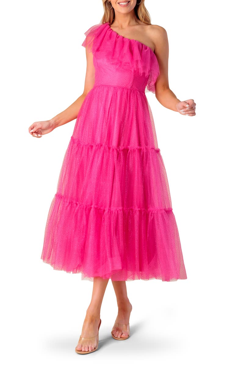 FLYING TOMATO One-Shoulder Tulle Midi Dress, Main, color, Fuchsia