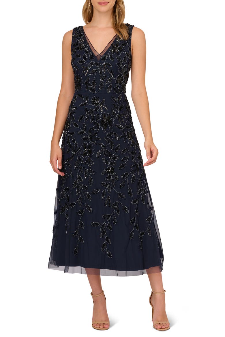 Beaded Sequin Cocktail Dress, Main, color, NAVY