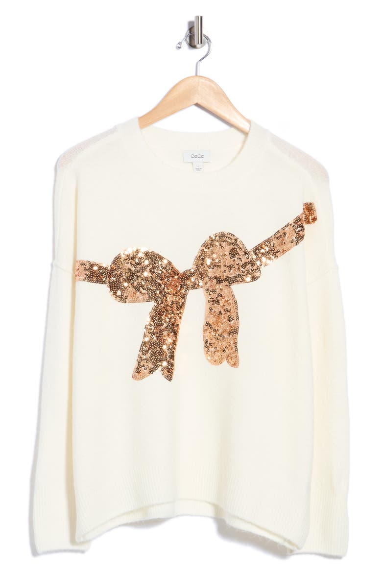Sequin Bow Sweater, Main, color, ANTIQUE WHITE/ GOLD