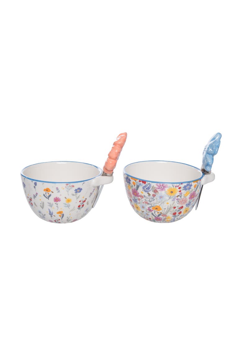 Dolomite Bowl with Floral Spreader Set of 2 Multicolored for Spring Serving and Entertaining, Alternate, color, Blue