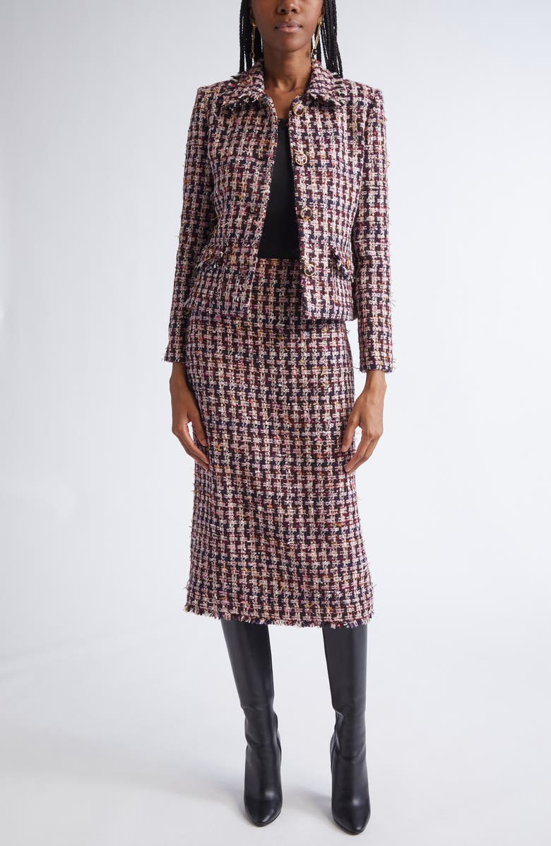 ST. JOHN Fringe Houndstooth Tweed Jacket, Alternate, color, Bordeaux Ecru Multi