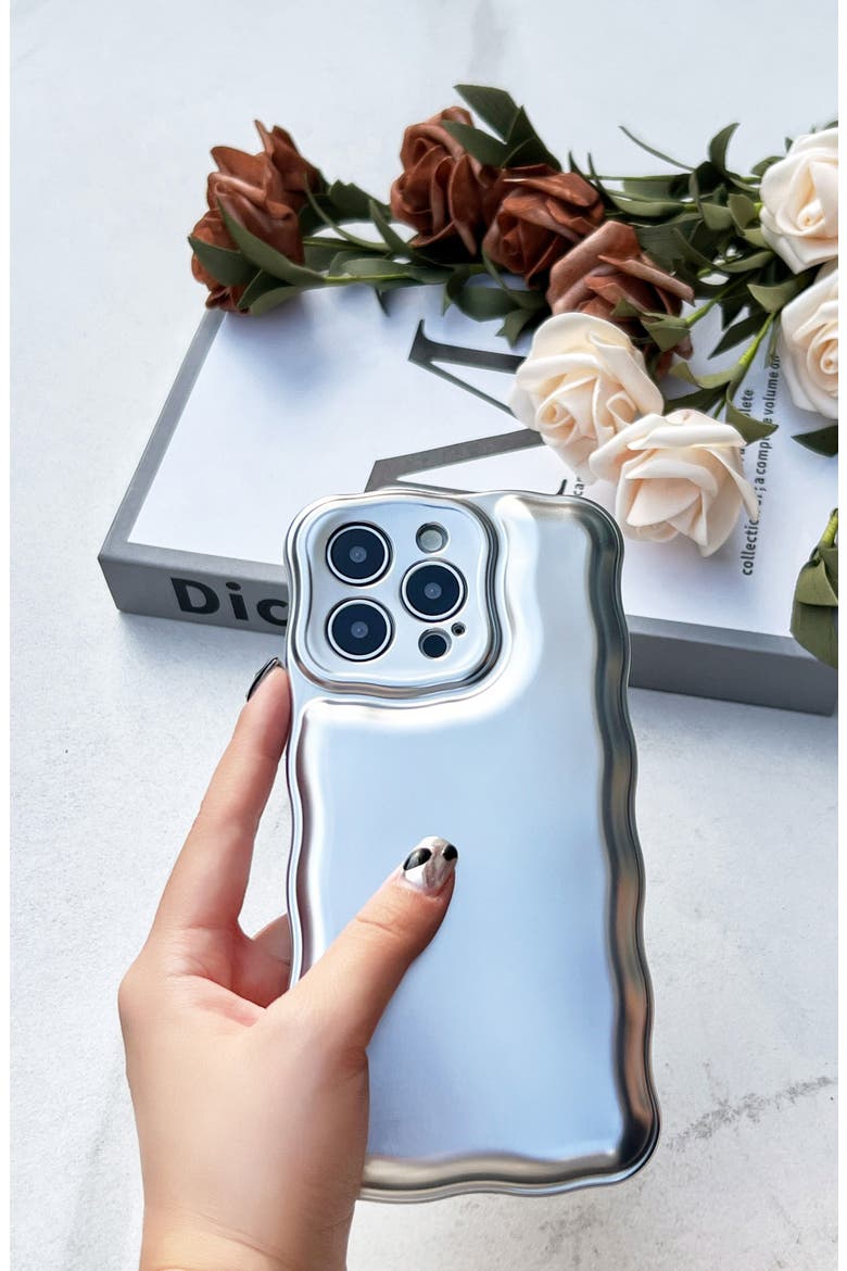 iPhone 15 ProMax Metallic Wavy Cushion Phone Case, Alternate, color, SILVER