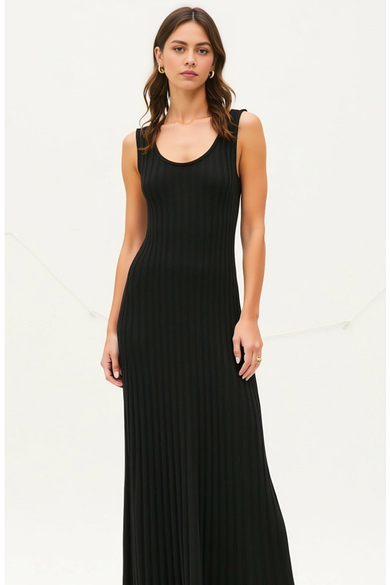 Sleeveless Ribbed Knit Scoop Neck Maxi Dress with Pleated Skirt, Alternate, color, Black
