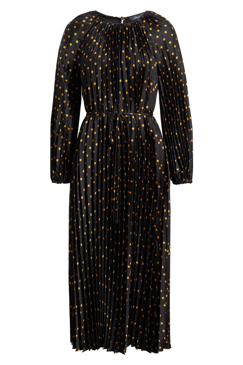 Pleated Metallic Polka Dot Long Sleeve Dress, Alternate, color, BLACK GOLD