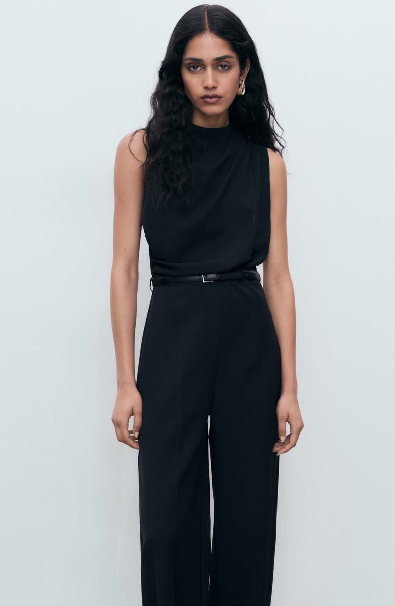MANGO Drape Belted Wide Leg Jumpsuit, Alternate, color, Black