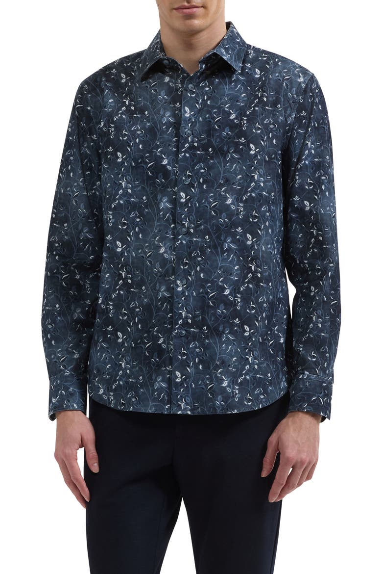 Julian Shaped Fit Leaf Print Button-Up Shirt, Main, color, INK