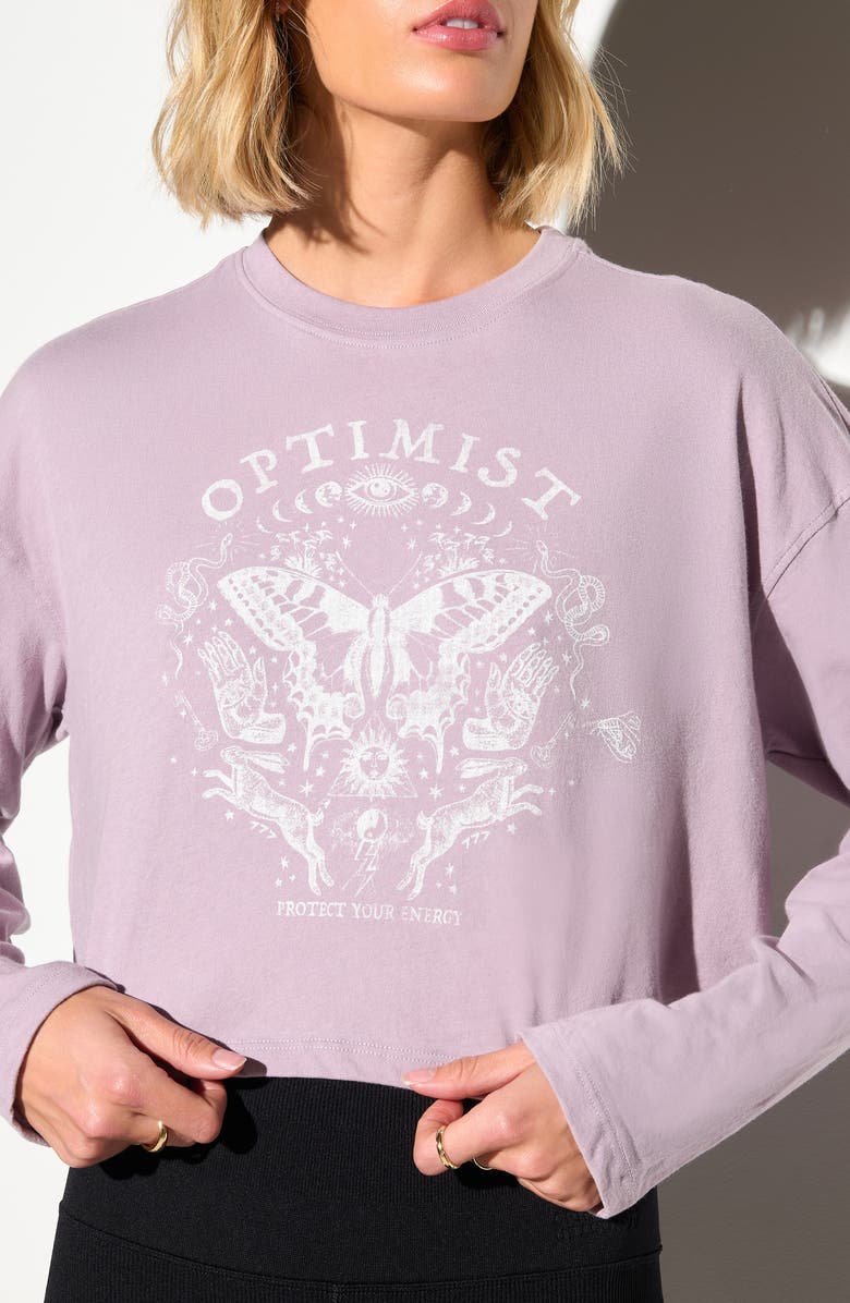 Spiritual Gangster Optimist Drew Long Sleeve Crop Cotton Graphic T-Shirt, Alternate, color, Orchid Moon