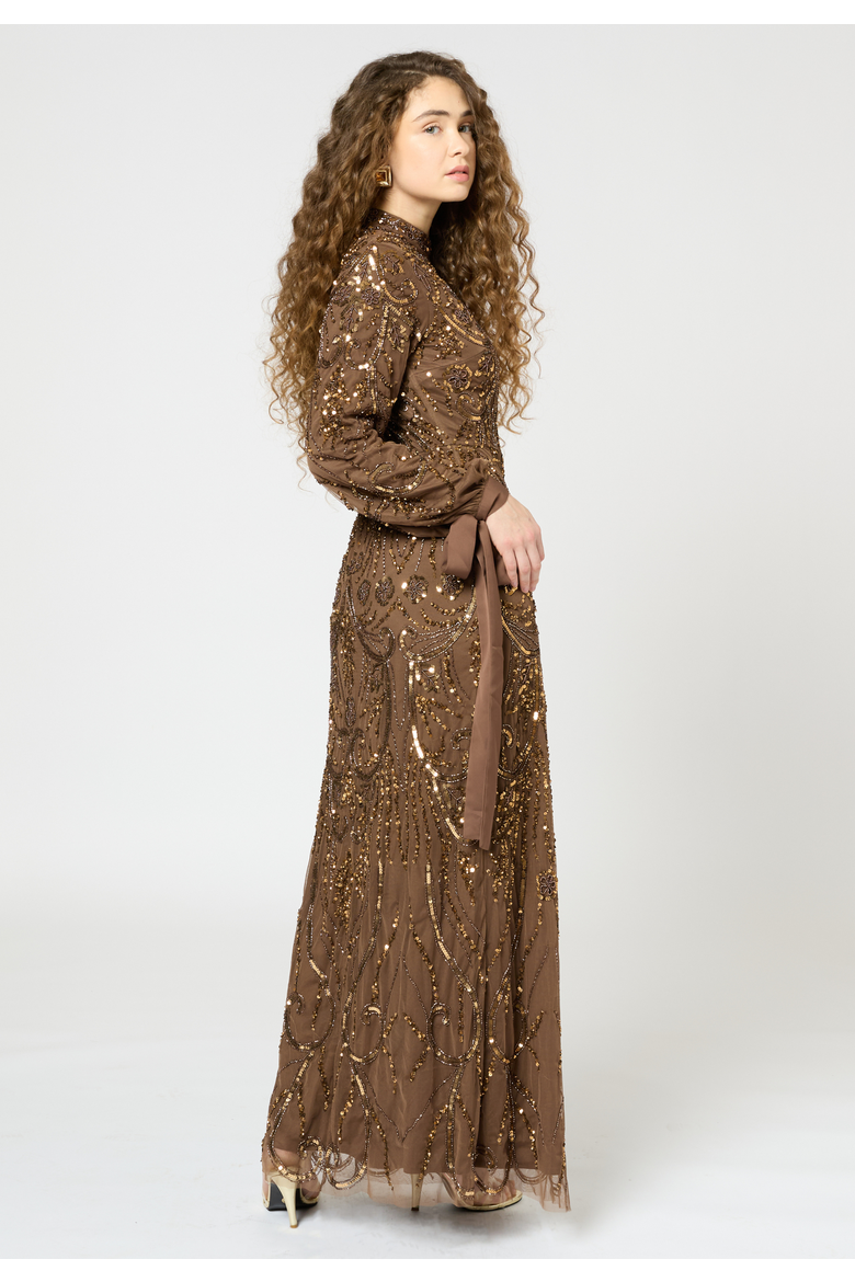 Modest Embellished Sequin Beaded Dress Maxi With Ribbon Design Sleeves, Alternate, color, CHOCOLATE