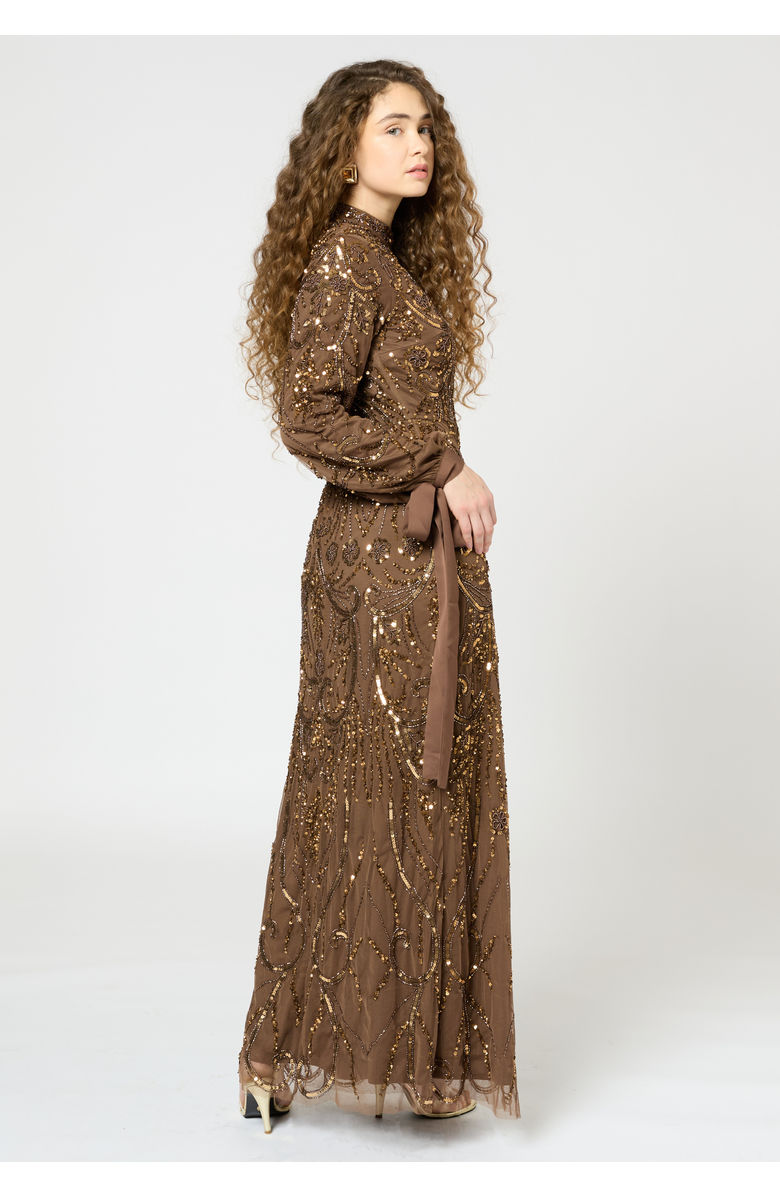MARYISA Modest Embellished Sequin Beaded Dress Maxi With Ribbon Design Sleeves, Alternate, color, Chocolate