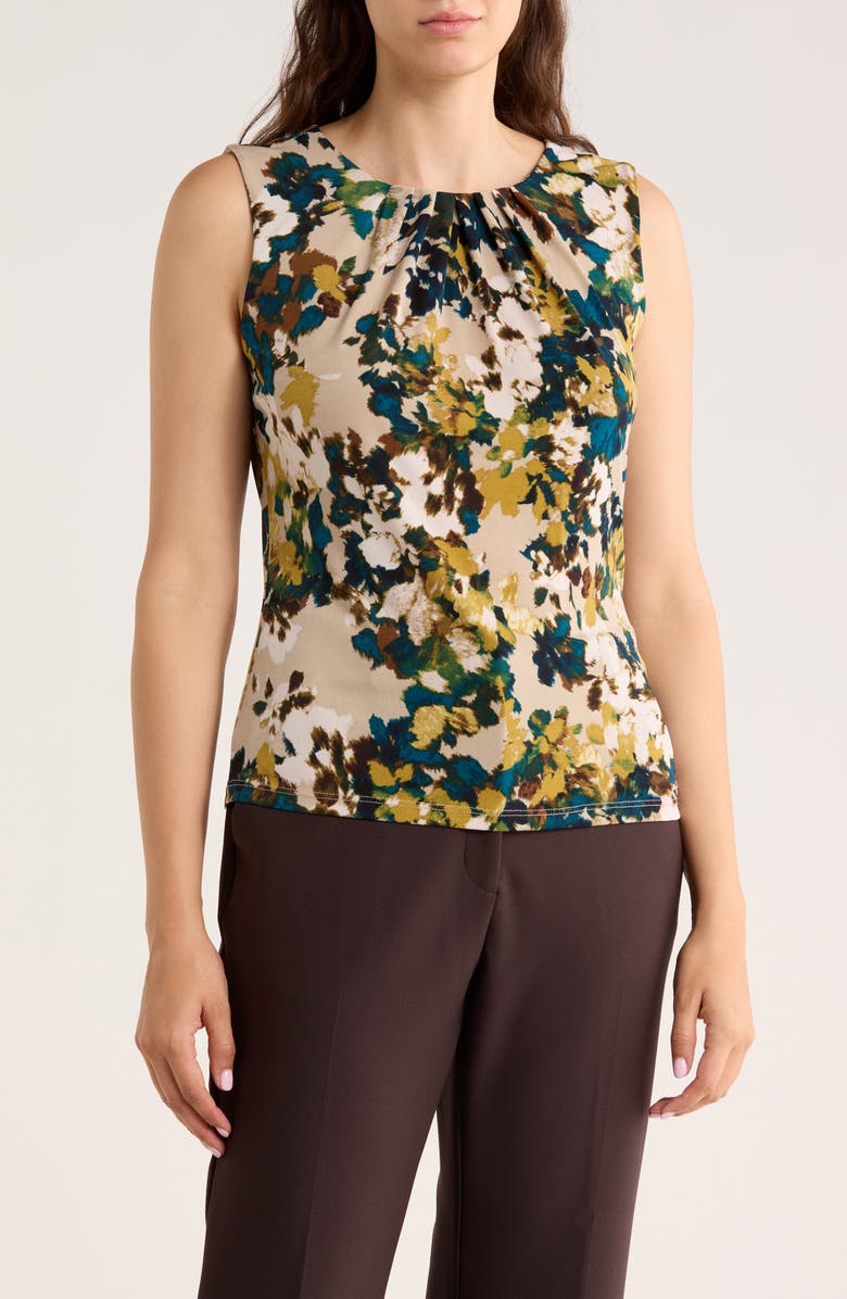 Calvin Klein Pleated Neck Sleeveless Top, Main, color, Latte Multi