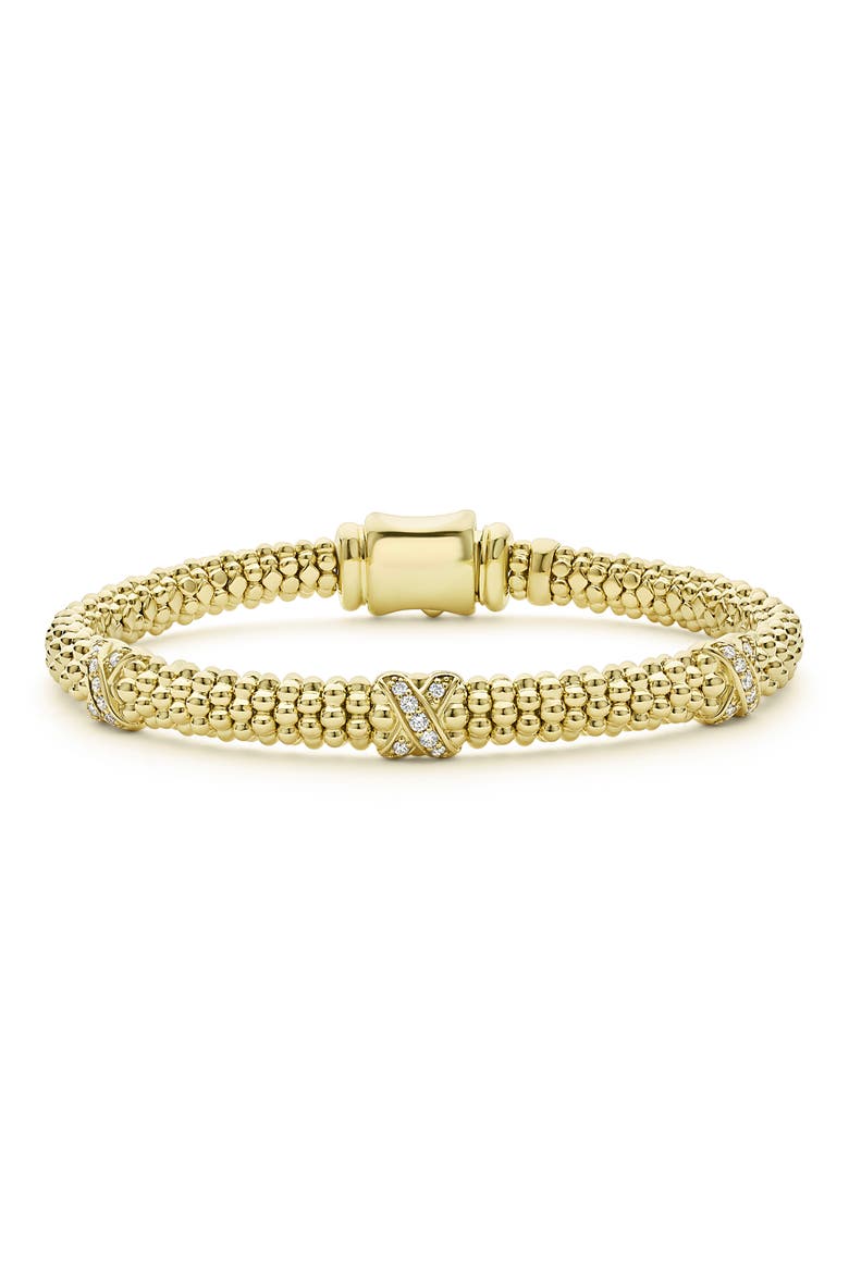 Embrace Triple Diamond Station Caviar Beaded Bracelet, Main, color, GOLD