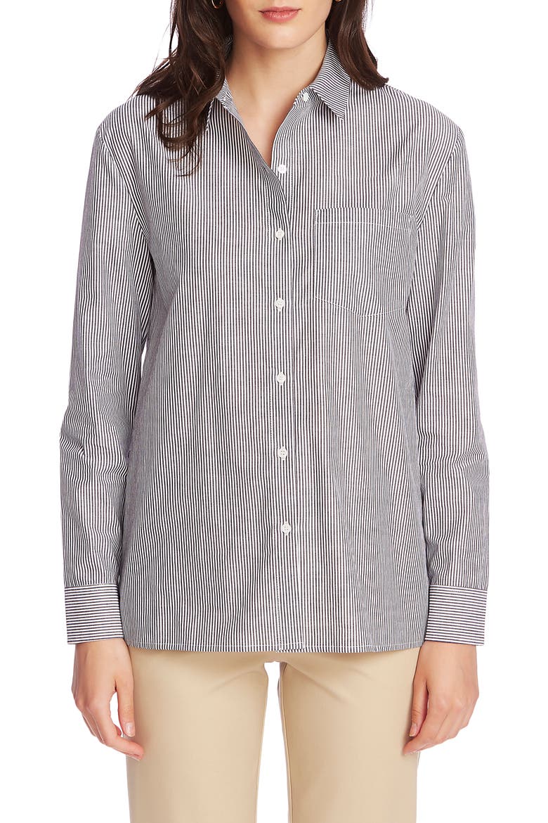 Pinstripe Button-Up Cotton Shirt, Main, color, RICH BLACK