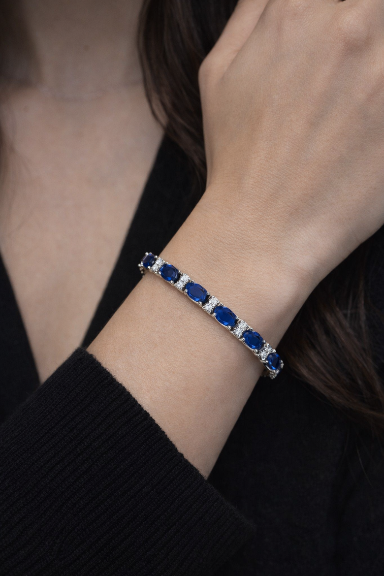 Lab Grown Diamond & Oval Cut Sapphire Tennis Bracelet 14k, Alternate, color, White Gold