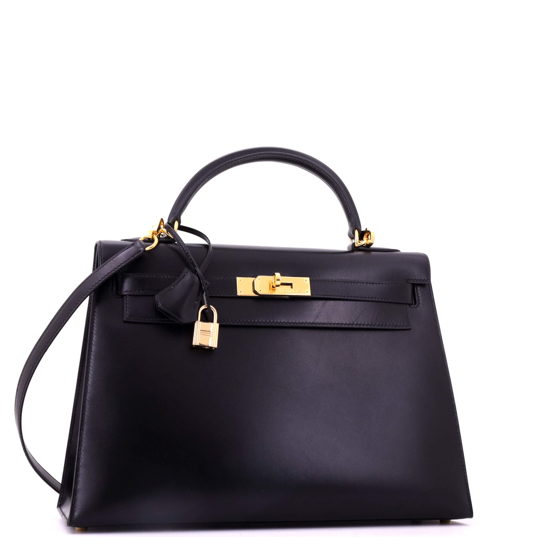 Pre-Owned Hermes Kelly Handbag Black Box Calf with Gold Hardware 32, Alternate, color, Noir