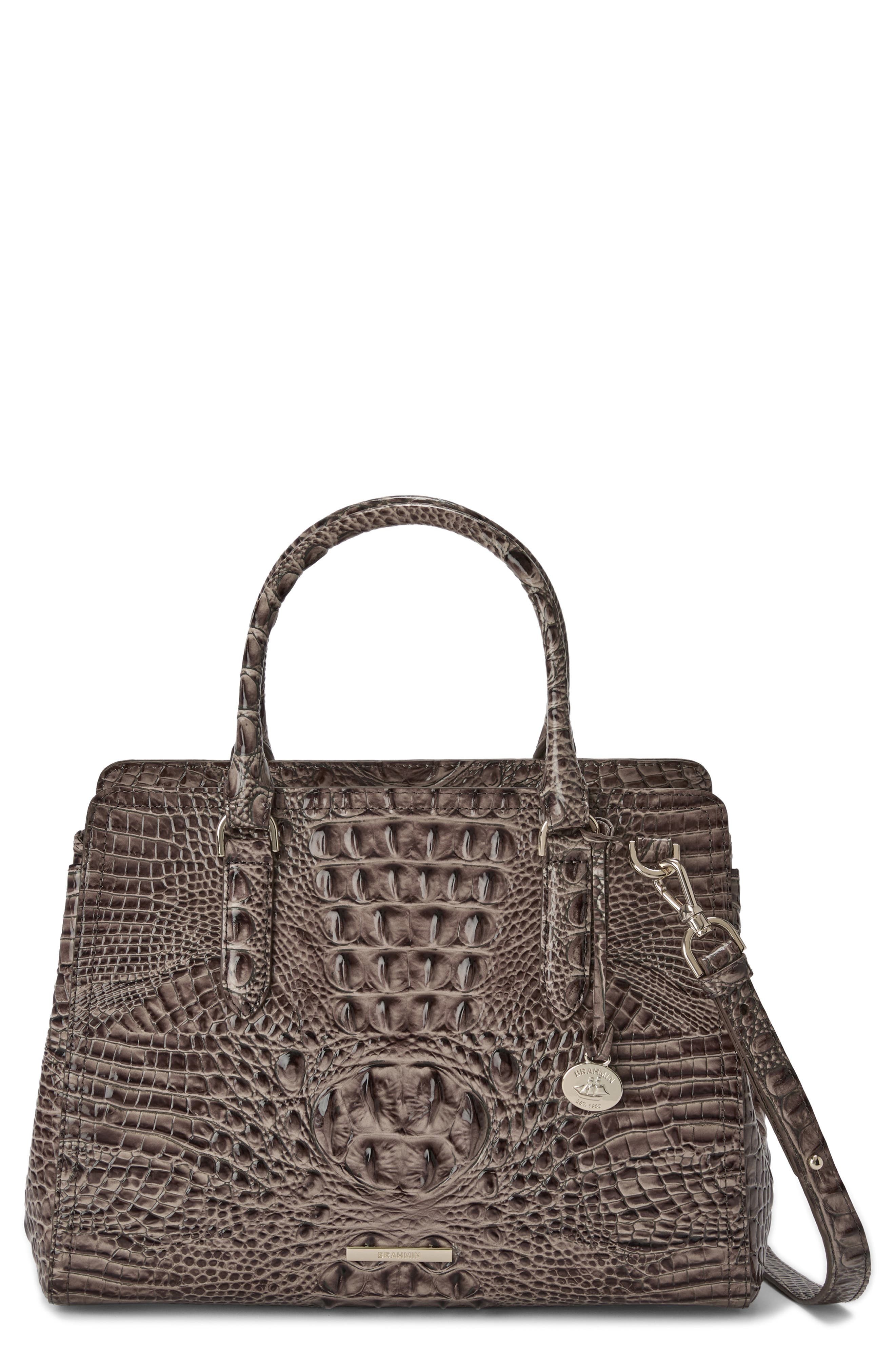 Brahmin Small Finley Croc Embossed Leather Satchel, Main, color, Smokey Taupe Melbourne
