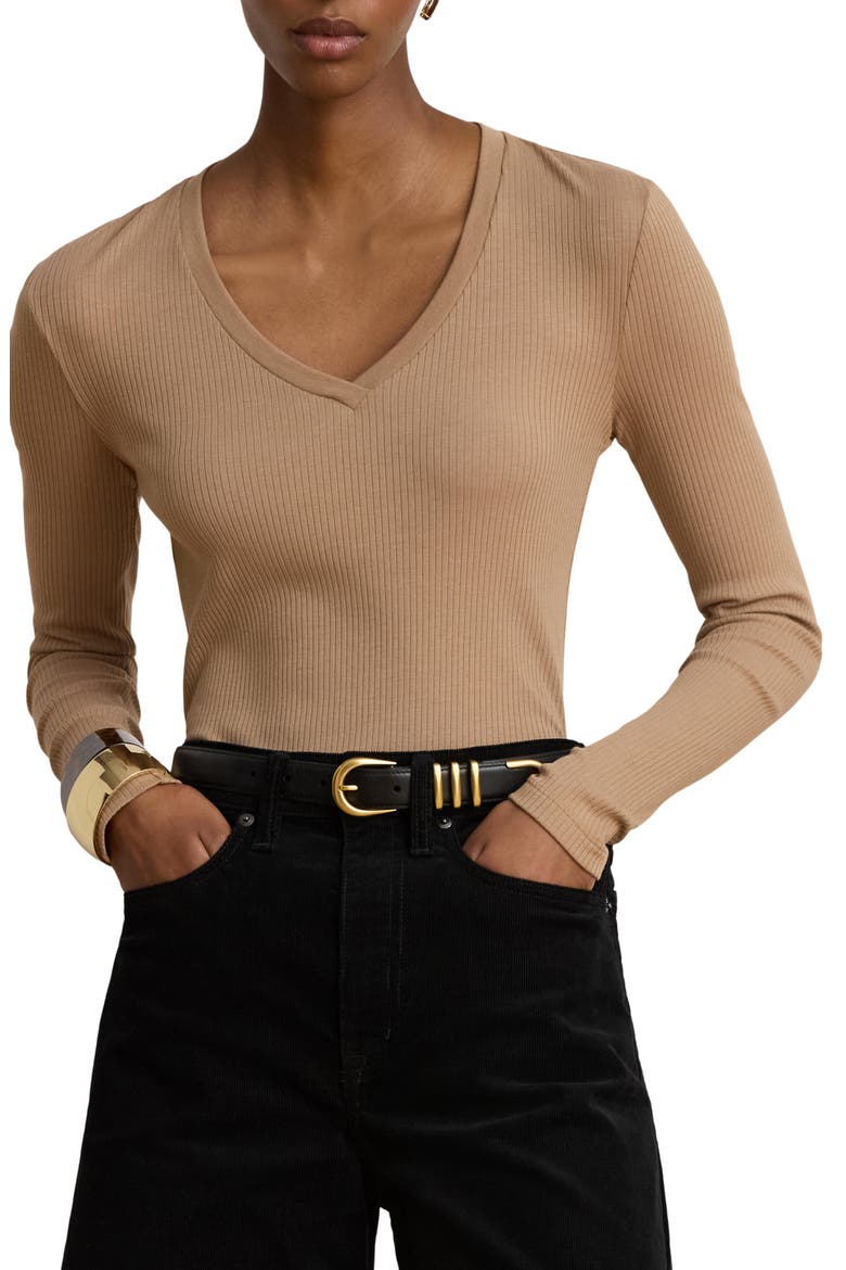 Rib Long Sleeve V-Neck Top, Main, color, CAMEL BEIGE