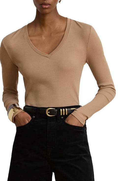Rib Long Sleeve V-Neck Top