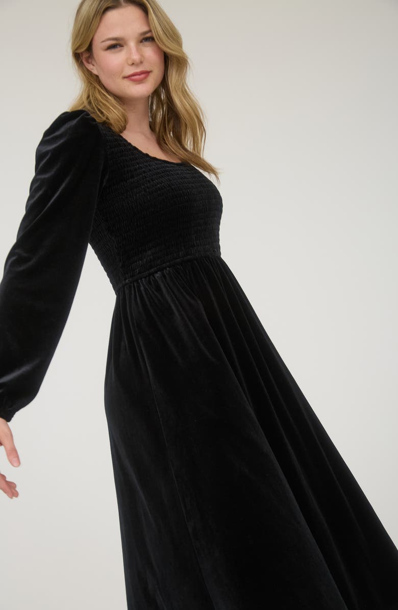 AUGUST SKY Long Sleeve Smocked Velvet Midi Dress, Alternate, color, Black