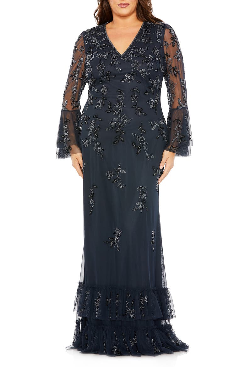 V-Neck Embellished Flutter Tiered Long Sleeve Gown, Main, color, MIDNIGHT