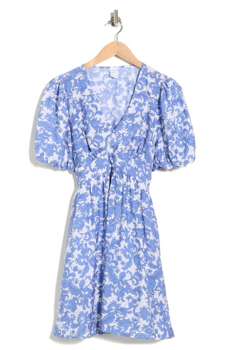 Melrose and Market Puff Sleeve Fit & Flare Minidress, Main, color, White- Blue Kira Ornate