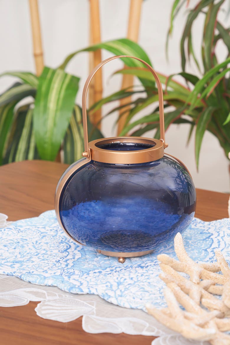 Medium Cobalt Blue Coastal Round Candle Holder Lantern, Alternate, color, Blue